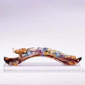 Buddha Stones Handmade Liuli Crystal Ruyi Elephant Art Piece Home Decoration With Crystal Base
