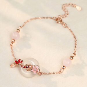 Buddha Stones Chalcedony Pink Crystal 925 Sterling Silver Flowers Koi Fish Peace Buckle Positive Bracelet