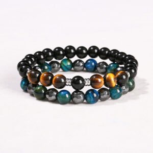 Buddha Stones 2Pcs Hematite Tiger Eye Blue Tiger Eye Powerful Bracelet Set