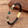 Buddha Stones Blue Agate Tiger Eye Lava Rock Black Onyx Lazurite Lapis Lazuli Bead Protection Leather Bracelet