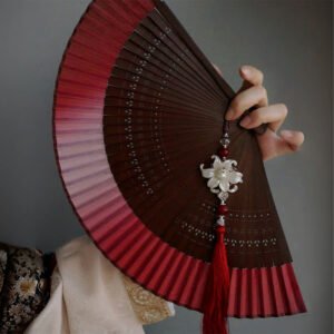 Buddha Stones Red Lily Tassel Hollow Rib Silk Handheld Bamboo Folding Fan