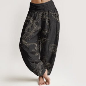 Buddha Stones Cotton Koi Fish Floral Pattern Women's Elastic Waist Harem Pants