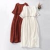 Buddha Stones Solid Color Embroidery Short Sleeve Midi Dress With Pockets
