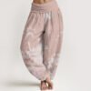 Buddha Stones Cotton Pink And White Lotus Women's Elastic Waist Harem Pants
