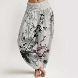 Buddha Stones Cotton Plum Blossoms Bamboo Orchids Chrysanthemums Pattern Women's Elastic Waist Harem Pants