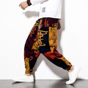 Buddha Stones Red Brown Graffiti Bird Print Men's Harem Pants With Pockets