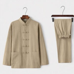 Buddha Stones 2Pcs Tang Suit Traditional Frog-Button Uniform Long Sleeve Shirt Pants Men's Set