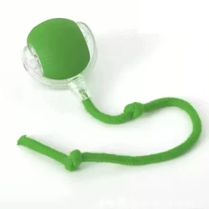 Green rope ball tug toy with a silicone ball and cord loop