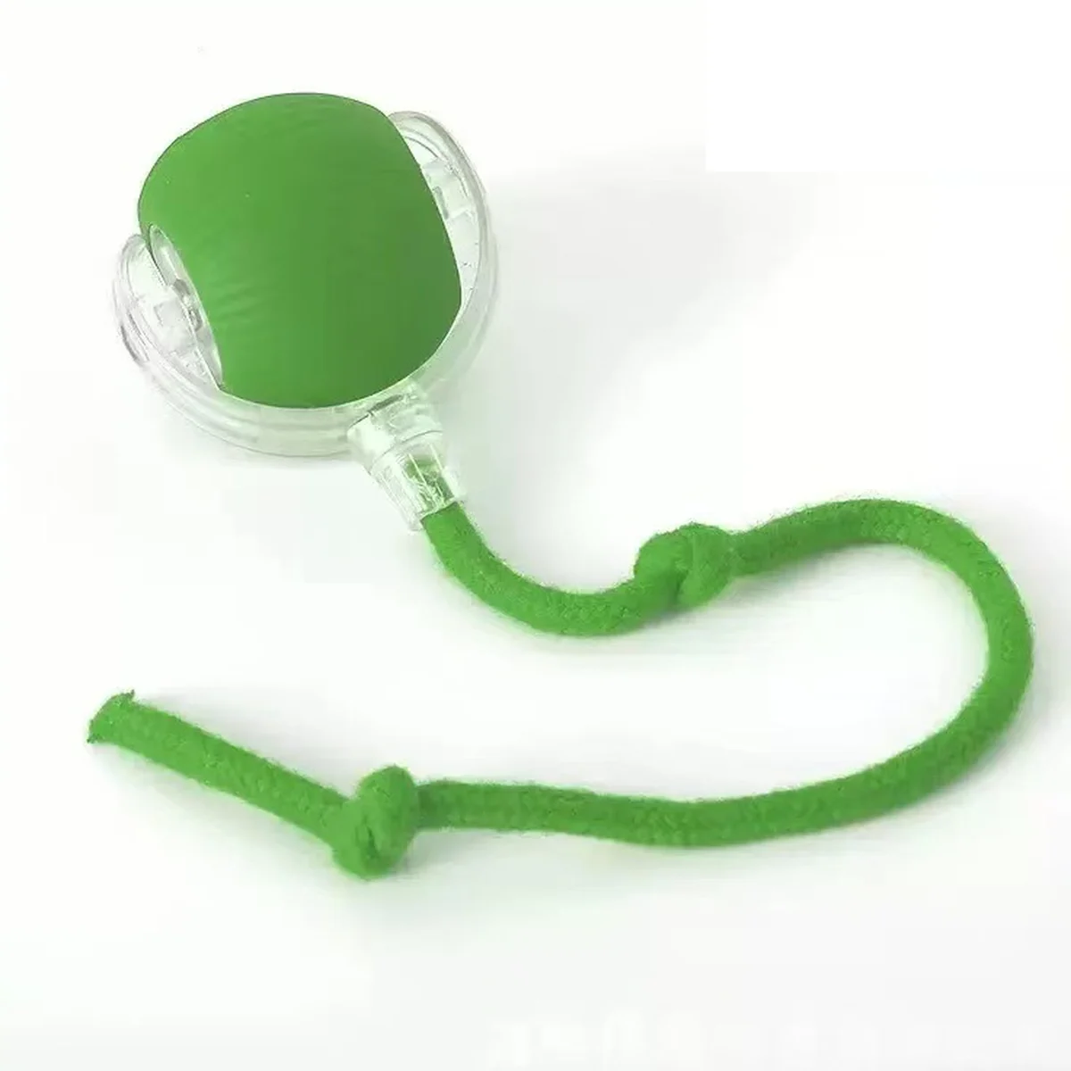 Green rope ball tug toy with a silicone ball and cord loop