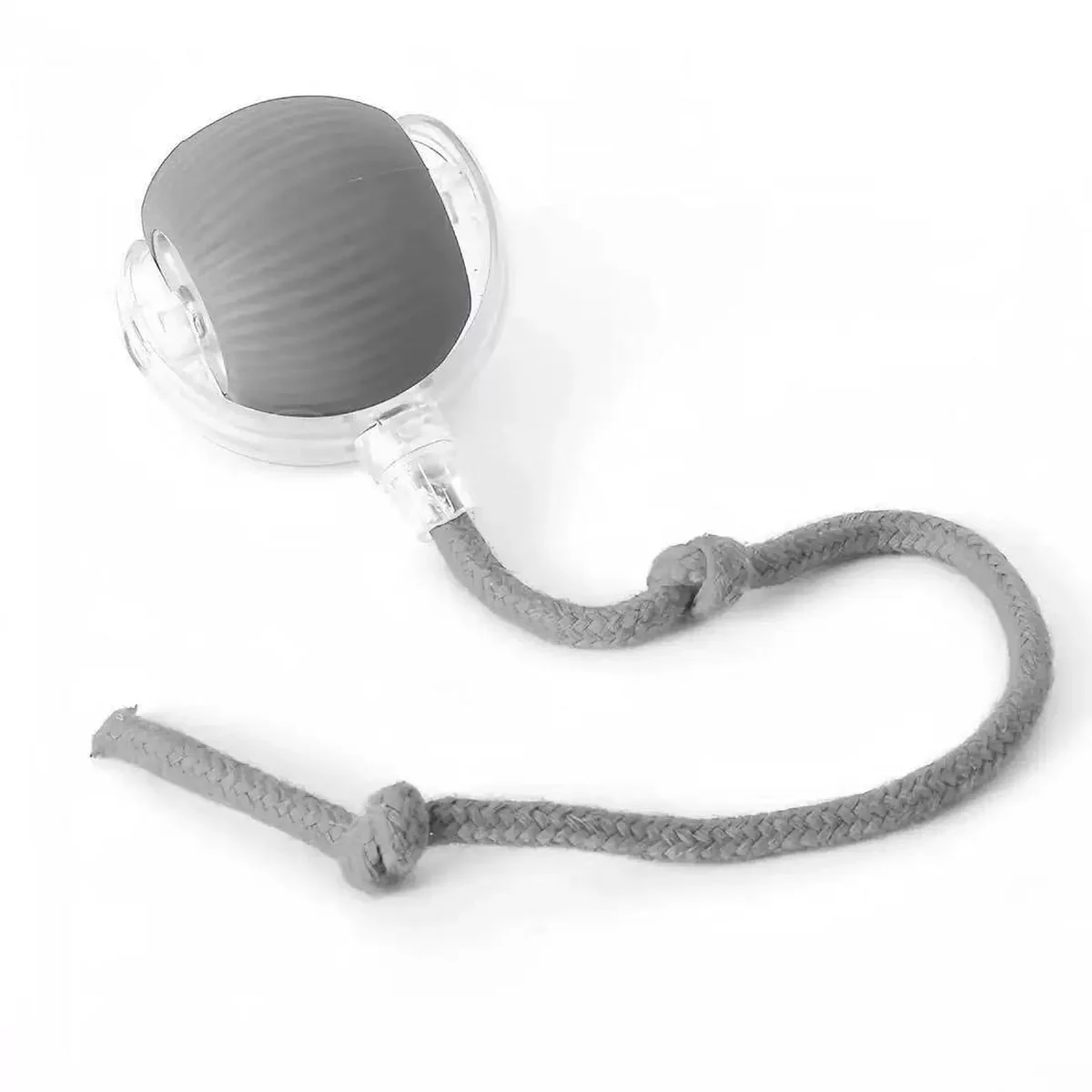 Grey rope ball tug toy with a silicone ball and cord loop