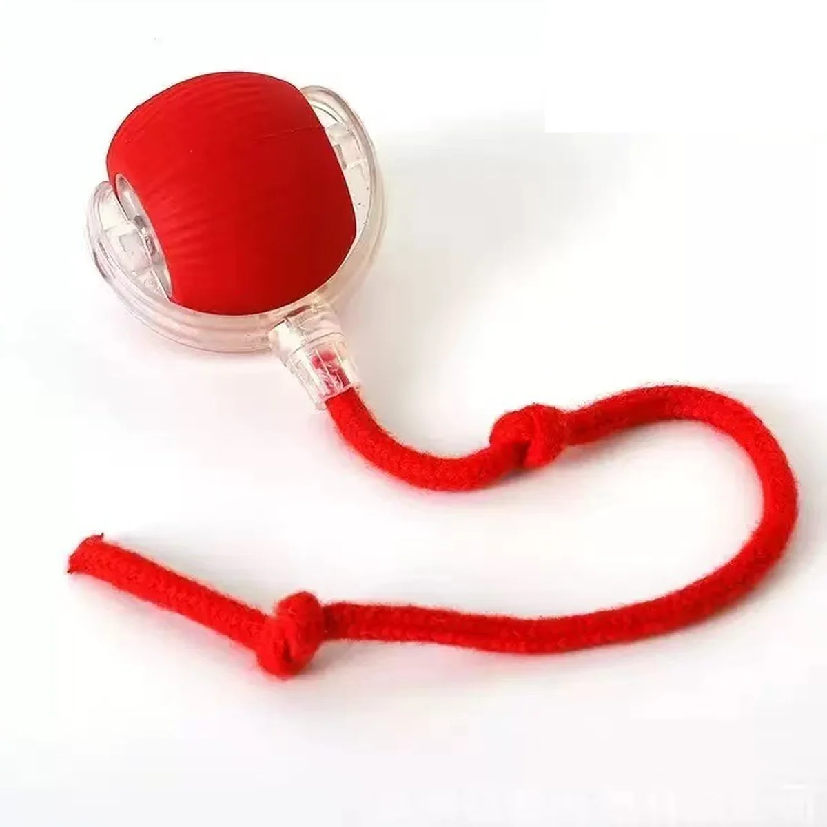Red rope ball tug toy with a silicone ball and cord loop