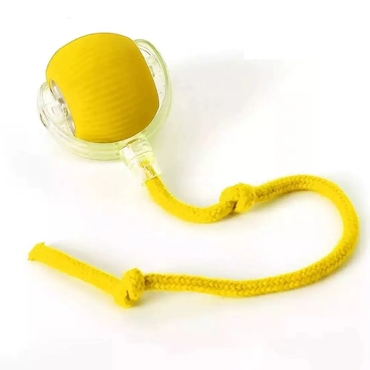 Yellow rope ball tug toy with a silicone ball and cord loop