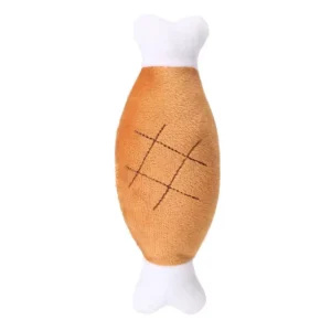 Plush chicken-leg dog toy with white bone ends on a white background