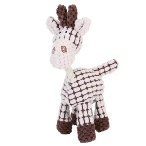 Plush giraffe dog toy with brown and cream check pattern on white background