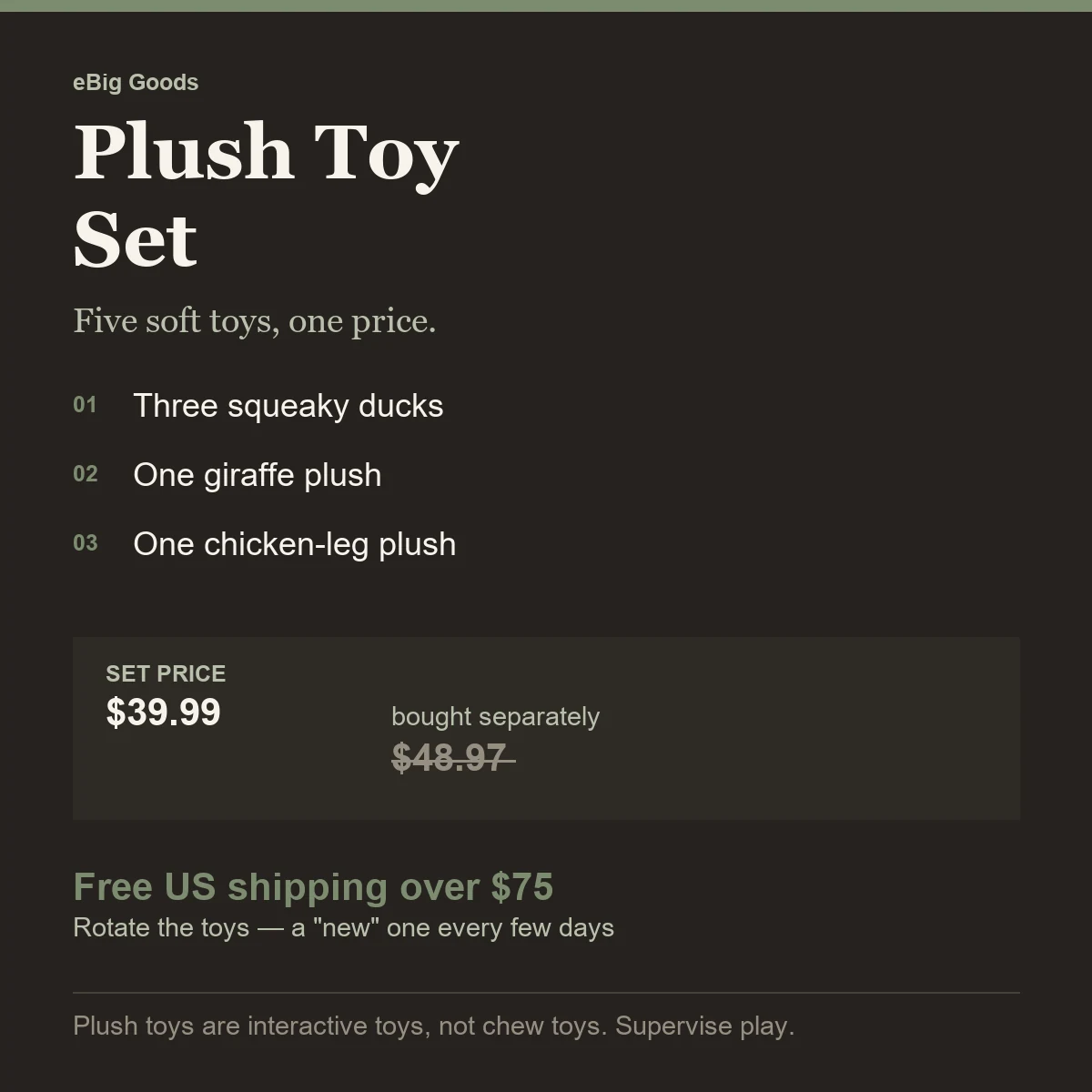 Plush toy set — three squeaky ducks, a giraffe and a chicken leg